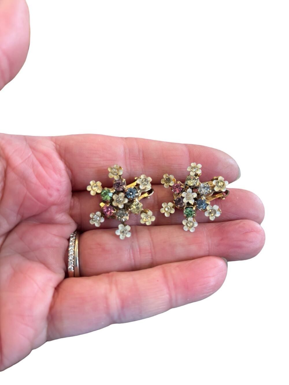 Vintage 1950s Floral Cluster Clip Earrings Pastel Rhinestone Flower Gold Tone